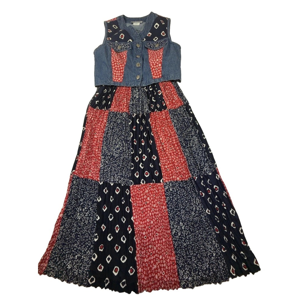 Vintage 1990s Stonebridge blue & red cropped patchwork denim vest Skirt Set PS